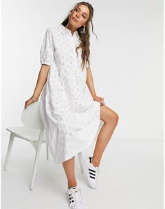 Белое ярусное платье рубашка миди с вышивкой ришелье и короткими рукавами Asos design