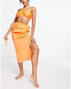 Неоново оранжевая пляжная атласная юбка миди со сборками от комплекта Asos design