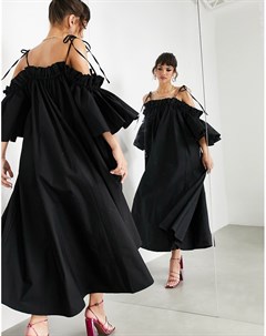 Черное хлопковое платье миди с оборками и открытыми плечами Asos edition