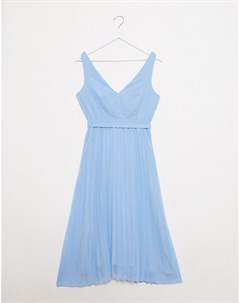 Голубое плиссированное платье миди с V образным вырезом New look