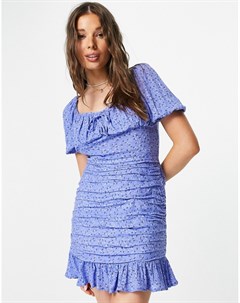 Голубое платье мини с пышными рукавами воланом и цветочным принтом x Billie Faiers In the style