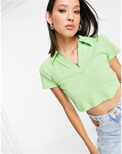 Зеленая футболка в рубчик с воротником Topshop