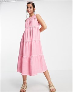 Розовое ярусное платье миди с присборенной юбкой без рукавов с эффектом кислотной стирки Asos design
