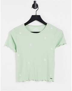Зеленая футболка с короткими рукавами волнистыми краями и цветочной отделкой Hollister