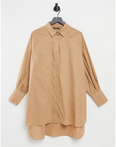 Серо коричневое платье рубашка в стиле oversized с объемными рукавами Threadbare