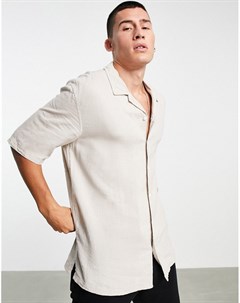 Льняная рубашка в стиле oversized песочного цвета с отложным воротником Bershka