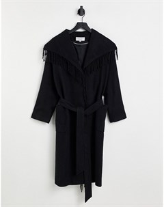 Черное пальто с запахом и бахромой из материала с добавлением шерсти Helene berman