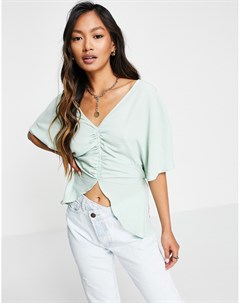 Присборенная спереди блузка мятно зеленого цвета с V образным вырезом Asos design