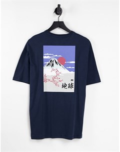 Темно синяя футболка в стиле oversized с принтом горы на спинке Selected homme