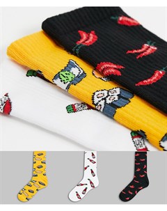 Набор из 3 пар черных носков с принтами перчиков чили и суши Bershka