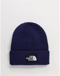 Темно синяя шапка бини с логотипом The north face