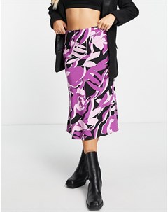 Атласная юбка миди косого кроя с принтом фиолетового цвета Vila