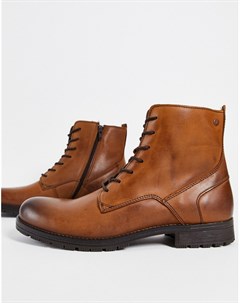 Коричневые кожаные ботинки в стиле милитари на шнуровке Jack & jones