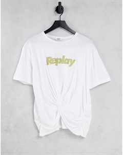 Белая футболка с логотипом и перекрученной деталью спереди Replay