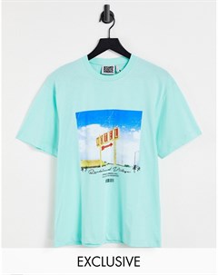 Синяя футболка с пейзажным принтом спереди Inspired Reclaimed vintage