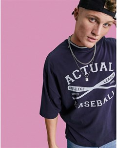 Темно синяя oversized футболка с круглым вырезом в рубчик логотипом и графическим бейсбольным принто Asos design