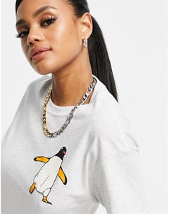 Серая oversized футболка с рисунком пингвина New love club