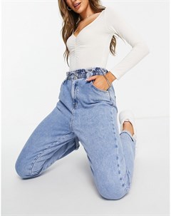 Голубые джинсы в винтажном стиле с присборенным поясом New look