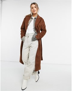 Светло коричневое пальто макси с поясом New look