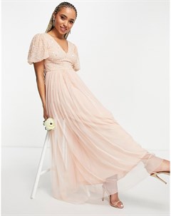 Розовое платье макси с юбкой из тюля и отделкой пайетками Bridesmaid Beauut