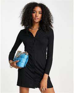 Черное платье рубашка мини в рубчик с длинными рукавами AWARE Vero moda