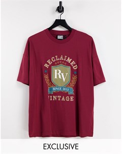 Бордовая oversized футболка в стиле унисекс с вышивкой логотипа в виде герба Inspired Reclaimed vintage