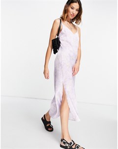 Сиреневое атласное платье комбинация с цветочным принтом Topshop