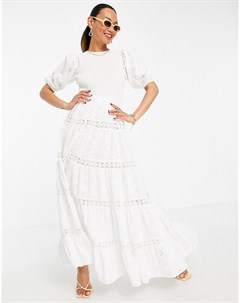 Белое ярусное платье макси со сборками вышивкой ришелье и кружевными вставками Asos design