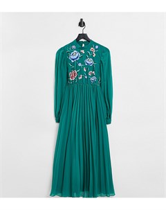 Приталенное плиссированное платье миди хвойно зеленого цвета с высоким воротником длинными рукавами  Asos maternity