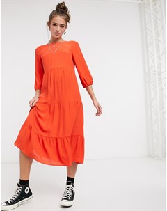 Оранжевое ярусное платье миди свободного кроя с рукавами три четверти New look