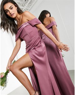 Светло лиловое атласное платье макси с открытыми плечами и запахом Asos edition