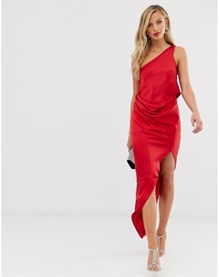 Красное атласное платье миди на одно плечо с драпировкой Asos design