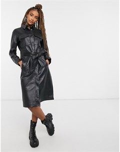 Черное кожаное платье миди с поясом Lab Lab leather