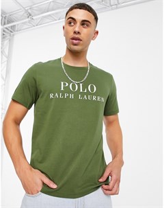 Оливково зеленая футболка для дома с логотипом надписью на груди Polo ralph lauren