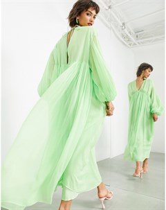Платье миди цвета зеленого яблока с рукавами на затягивающемся шнурке и V образным вырезом Asos edition