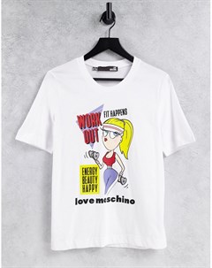 Белая футболка с логотипом и надписью work out Love moschino