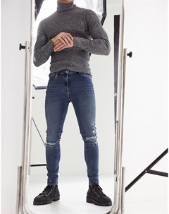 Суперэластичные джинсы из темного денима в винтажном стиле с эффектом напыления и дырками на коленях Asos design