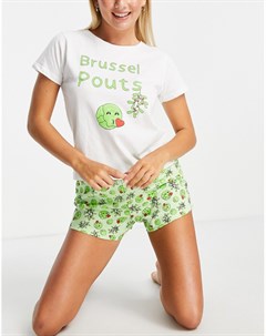 Новогодняя короткая бело зеленая пижама с надписью Brussel pouts Brave soul