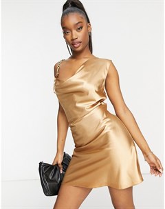 Золотистое атласное платье комбинация с цепочкой Flounce london