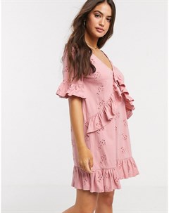 Розовое свободное платье мини с V образным вырезом оборками и вышивкой ришелье Asos design