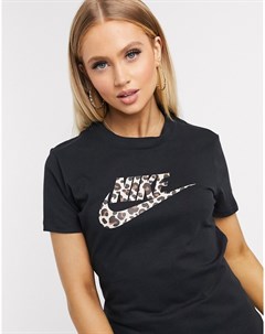 Черная футболка с леопардовым логотипом галочкой Nike