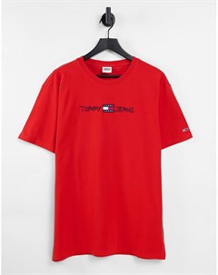 Красная футболка с вышитым логотипом с надписью печатными буквами Tommy jeans