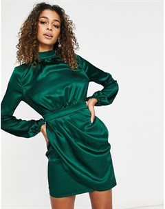 Атласное асимметричное платье мини с объемными рукавами сине зеленого цвета Club l london