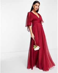 Платье макси ягодного цвета со сборками на лифе драпировкой рукавами пелеринами и запахом Bridesmaid Asos design