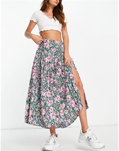 Плиссированная юбка миди с разрезом спереди и ярким цветочным принтом Neon rose