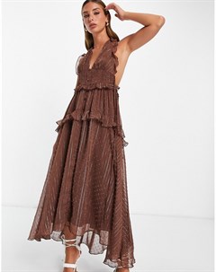 Фактурное шифоновое платье миди с полосками люрекс и атласной завязкой Asos design