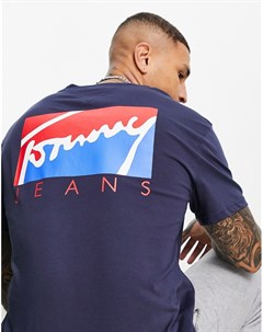 Темно синяя футболка с логотипом на груди и спине в стиле колор блок Tommy jeans