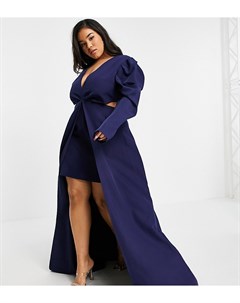 Платье мини с пышными плечами асимметричным дизайном и шлейфом темно синего цвета Yaura plus