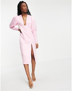 Платье миди розового цвета с глубоким вырезом и объемными рукавами Collective the label
