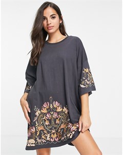 Темно серое платье футболка в стиле oversized с золотистой цветочной вышивкой Asos design